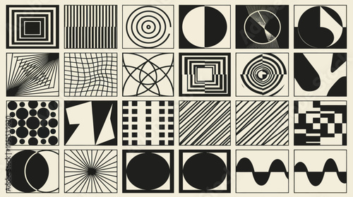 Abstract geometric patterns in black and white squares.