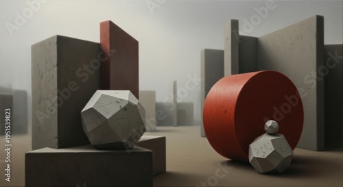 Geometric Shapes Composition in a Misty Environment.