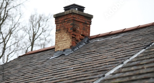 Roofing concern with damaged brick chimney and absent shingles on slanted roof