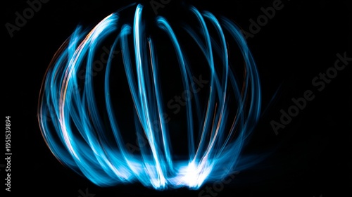Blue plasma sphere with light painting and electric energy lines in dark background, glowing neon motion blur effect showing futuristic technology, dynamic energy flow and abstract science concept