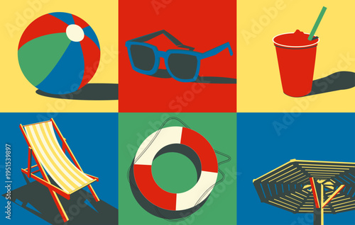 Summer Beach Flat Illustration Set with Sunglasses, Beach Ball, Deck Chair and Lifebuoy
