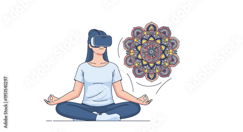 Woman meditating in virtual reality headset, experiencing digital mindfulness and spiritual well-being with a floating mandala in an immersive tech environment.