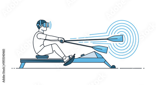 Man rowing in virtual reality using a rowing machine and VR headset, futuristic fitness concept