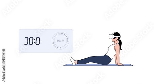 Woman doing VR fitness exercise on yoga mat with timer showing 30 seconds remaining
