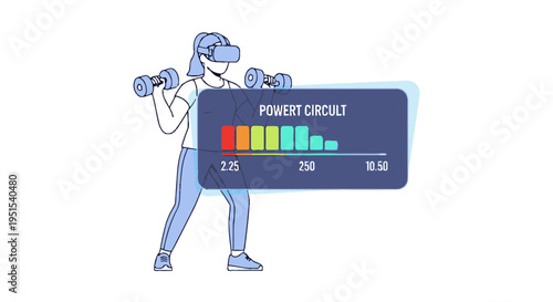 Woman in VR headset exercising with dumbbells, virtual reality fitness game with progress bar