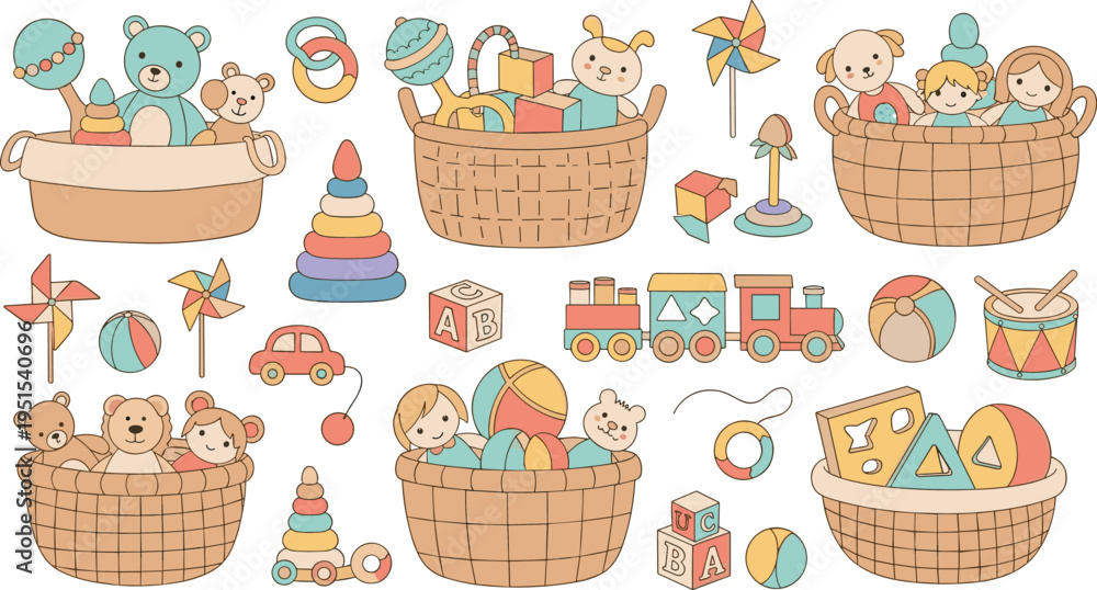 Fototapeta premium Cartoon Toy Basket Collection with Teddy Bears Blocks Trains Stacking Rings Balls and Baby Playroom Storage Objects Vector Illustration
