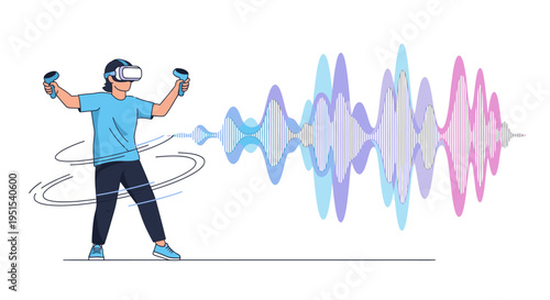 Person wearing VR headset and controllers interacting with colorful sound waves, representing virtual reality audio experience.