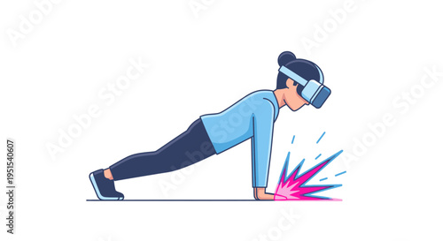 Woman doing a plank exercise while wearing VR headset, experiencing virtual reality fitness and gaming