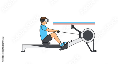 Man using virtual reality headset while exercising on a rowing machine, futuristic fitness concept