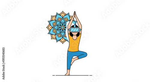 Woman practicing yoga in VR headset with mandala, symbolizing virtual meditation and digital wellness