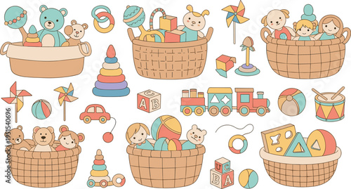 Cartoon Toy Basket Collection with Teddy Bears Blocks Trains Stacking Rings Balls and Baby Playroom Storage Objects Vector Illustration