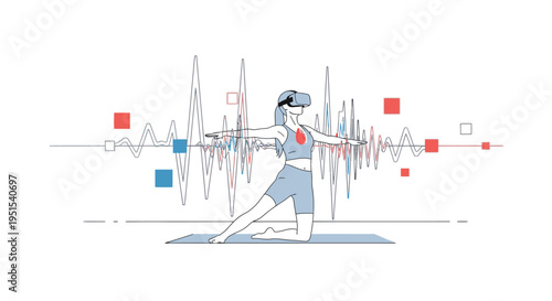 Woman wearing VR headset doing yoga with futuristic digital sound waves and data visualization