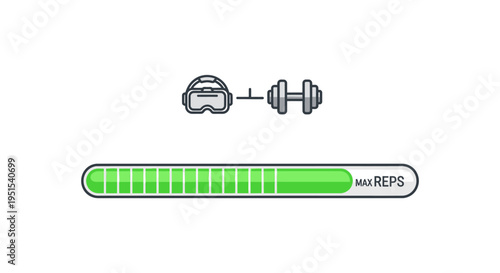 Virtual reality headset and dumbbell with progress bar indicating max reps, symbolizing fitness and technology integration