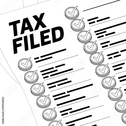 A tax form with coins and checkmarks indicating completed filing
