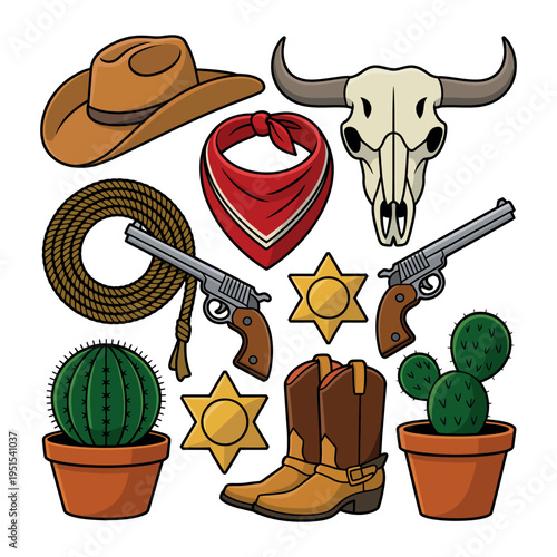 A colorful illustration of various cowboy themed items and cacti