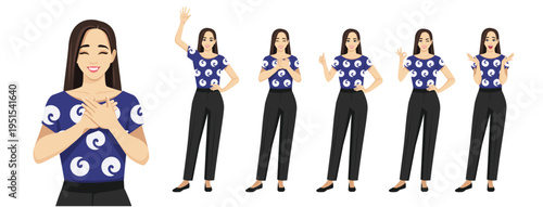 Set of young business woman with long hair in different poses. Surprised, waving, standing with crossed hands, showing thumb up, appreciation and ok sign. Isolated vector illustration