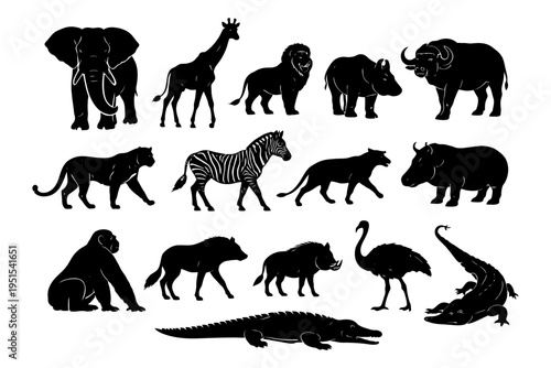 Silhouette collection of african savannah animals: elephant, giraffe, lion, and more.