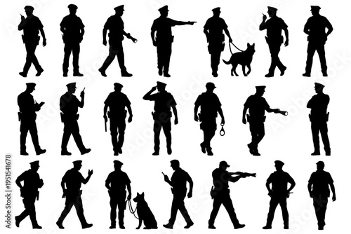 Silhouettes of police officers and k9 units in various poses.