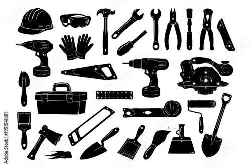 Silhouette collection of various hand and power tools including drill and saw.