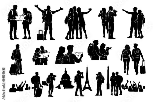 Silhouette of diverse tourists with luggage and backpacks visiting famous landmarks.