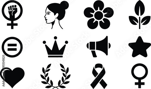 International womens  day icons set for female empowerment equality and girl power flat vector symbols