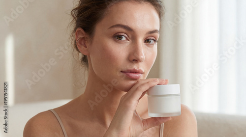 Woman holding skincare product cream jar cosmetic beauty concept natural light indoors studio shot