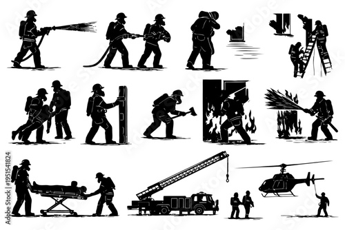 Silhouette of firefighters in action: rescue, extinguishing, equipment, emergency response.