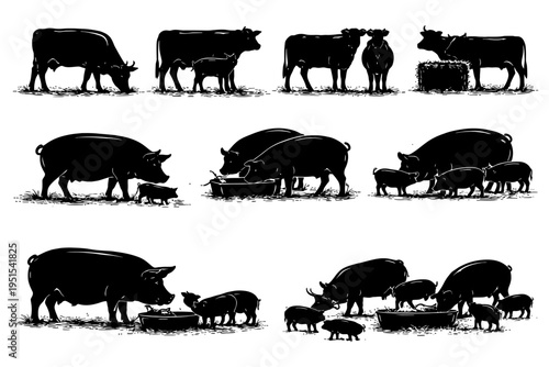 Silhouette cows and pigs feeding: farm animals in various poses.