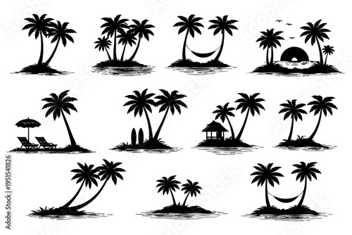 Set of tropical island silhouettes with palm trees and huts.