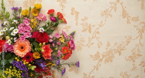 Colorful flowers arranged as bouquet on elegant backdrop for fabric pattern