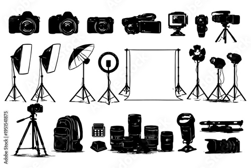 Photography equipment collection: cameras, lighting, backdrops, accessories.