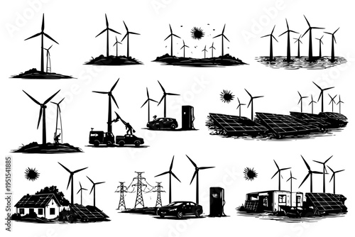 Renewable energy sources: wind turbines, solar panels, electric cars, power lines, eco-friendly.