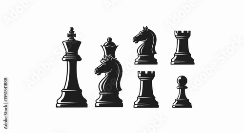 Collection of black chess pieces, including king, queen, knight, rook, and pawn