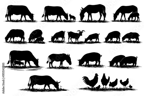Silhouettes of farm animals grazing: horses, cows, goats, chickens, rooster.