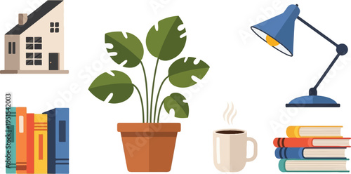 Cozy home study scene with books, plant, lamp, and hot drink
