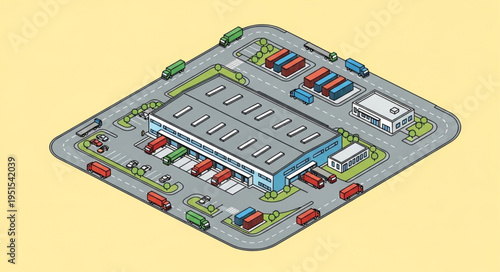 Isometric View of a Distribution Center with Vehicles.