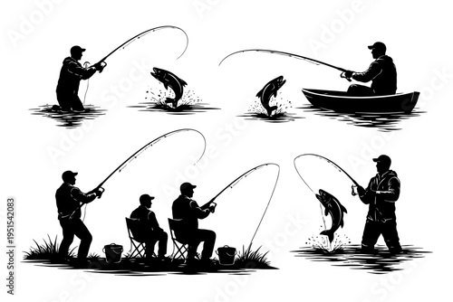Silhouettes of male anglers fishing with rods in various settings.