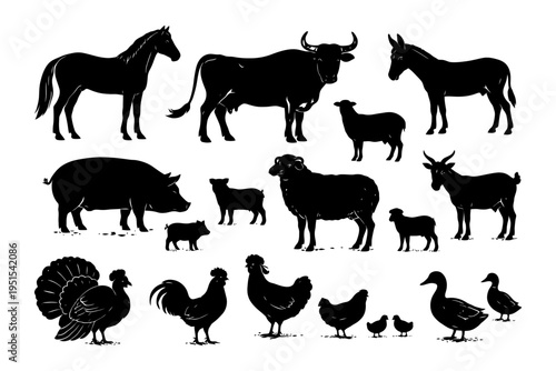 Farm animal silhouettes: horse, bull, donkey, sheep, goat, pig, turkey, chickens, duck.