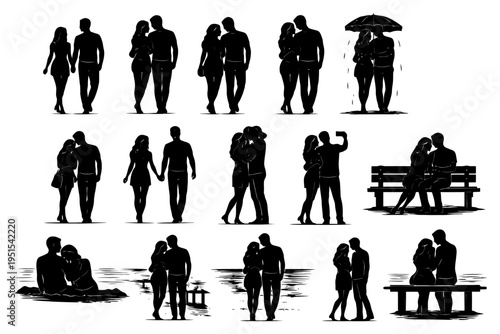 Silhouettes of couples in various romantic poses and outdoor scenarios.