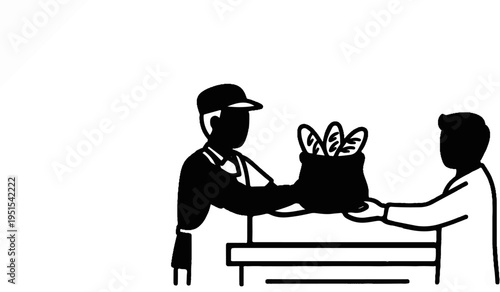 Baker gives bag of bread to customer