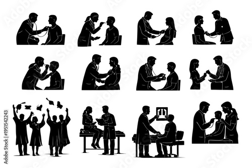 Silhouette medical checkups and graduates celebrating achievements.