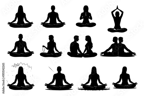 Silhouette yoga poses with diverse individuals in meditation and partner practice.