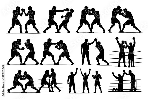 Silhouettes of male boxers sparring and celebrating in a boxing ring.