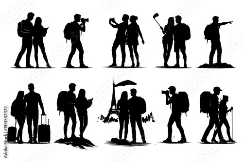 Silhouettes of travelers engaging in various activities outdoors.
