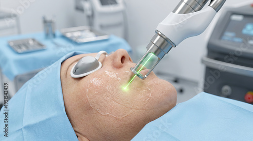 Laser skin treatment facial rejuvenation cosmetic procedure beauty care medical spa skincare technology anti aging therapy green laser patient with protective eyewear clinical environment