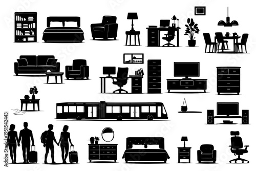 Silhouettes of furniture and people in various home and office settings.