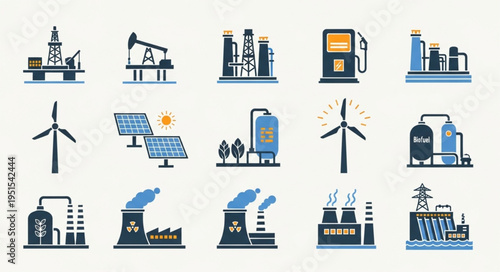 Diverse Energy Sources - Oil Rigs, Solar Panels, Wind Turbines, and Industrial Plants.