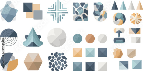 Collection of abstract geometric shapes and patterns in muted colors