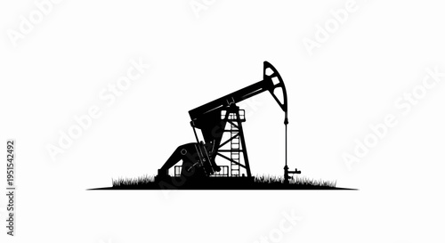 Silhouette of an oil pump jack standing in grass on a white background