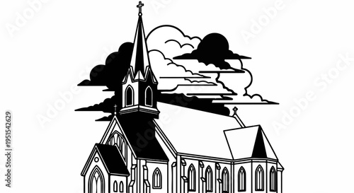 Stylized church with steeple against a dramatic cloudy sky